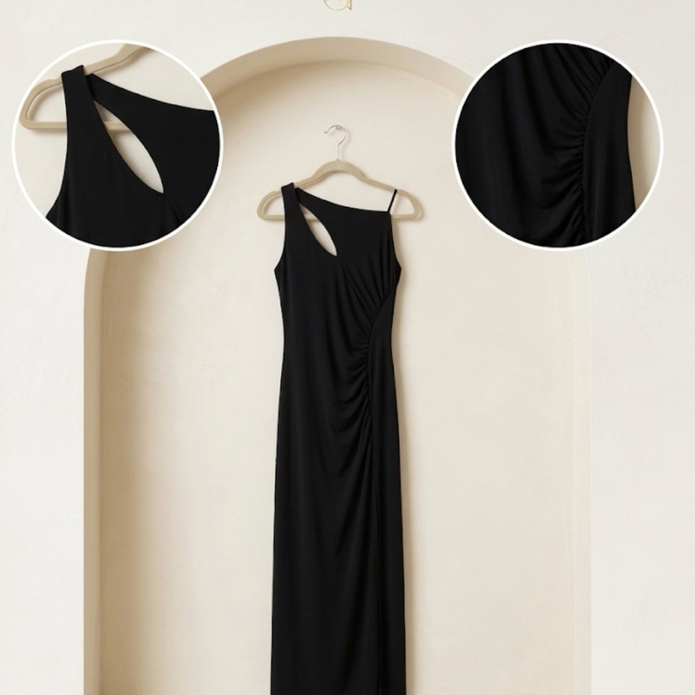 Miroa Black One-Shoulder Asymmetrical Midi Dress - Ruched Side Cutout ✨🖤